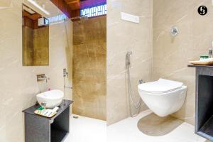 two images of a bathroom with a toilet and a shower at Shivaay Inn Paying Guest House in Varanasi
