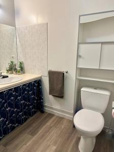 Appartement calme au cœur de la ville في لون-لو-سونييه: حمام مع مرحاض أبيض ومغسلة +11 صورة