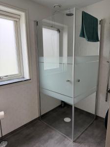 a shower with a glass door in a bathroom at Lake & Forest Escape in Skeinge in Osby +25 photos