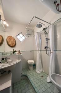 un bagno con doccia, WC e lavandino di Vicinissima alla spiaggia della Pelosa a Stintino Altre 45 foto