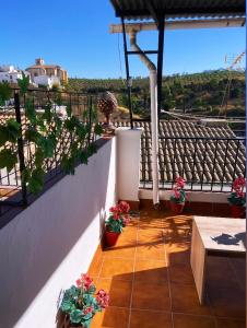 a patio with potted plants and a table on a balcony at Casa del Mar a la Sierra in Setenil