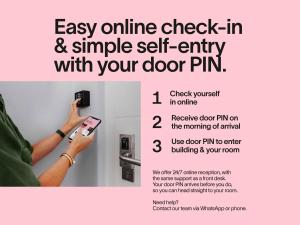 an advertisement for an online check in and a simple self entry with your door pin at Numa Amsterdam Vondelpark in Amsterdam +14 photos