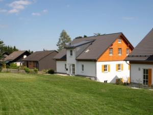 a group of houses in a yard with a green field at Haus Waldblick in Winterberg