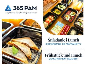 eine Collage aus zwei Bildern von Essen auf Tabletts in der Unterkunft 365PAM - Resort Westin House - BASEN, JACUZZI, SAUNA, SIŁOWNIA, PLAC ZABAW W CENIE in Kołobrzeg