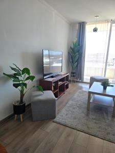 a living room with a tv and a couch and a table at Providencia Encantador y elegante departamento in Santiago