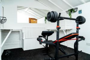 a gym room with a treadmill and a desk at Elegant 1BD, Gym, Parking, Bus to Airport, Sleeps4 in Edinburgh