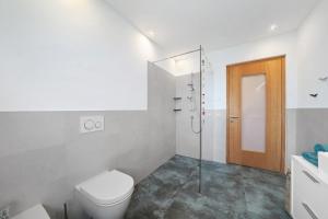 une salle de bain blanche avec toilettes et douche dans l'établissement Apartment Plattwies, à Vollan 14 autres photos