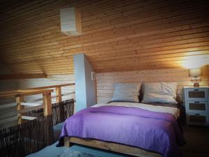 ボルコボにあるScandinavian-style lake houseの木造キャビン内のベッド1台が備わるベッドルーム1室を利用します。