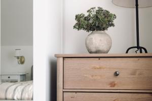 a plant in a vase on top of a dresser at Lillebror Skandinavische Ruhe mit privater Sauna in Baden-Baden