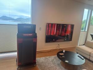 Una sala de estar con un equipo de DJ frente a un televisor. en 父母ヶ浜リゾートヴィラ Senja, en Mitoyo 10 fotos más