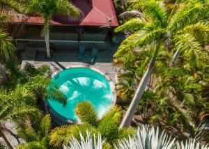 an overhead view of a swimming pool in a resort with palm trees at Gîte Les Escales La Marina in Bouloupari