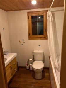 un bagno con wc, lavandino e doccia di Kandahar - 4 bed chalet close to pistes, Morillon a Morillon
