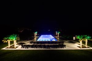 a swimming pool with chairs and palm trees at night at Ross-Domki in Sarbinowo