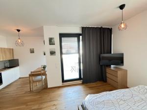 Un dormitorio con una cama, un escritorio y un televisor. en Island Safehouse, en Olomouc