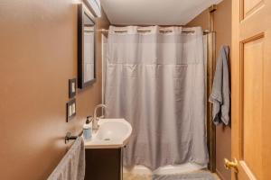 a bathroom with a shower curtain and a sink at Your 5-BR White Mountain Retreat in Littleton +39 photos