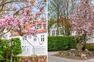 two pictures of a flowering tree in front of a white house at Lund gamle skole - tæt på MCH in Herning