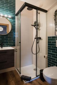 a bathroom with a shower with a toilet and a sink at LINDENGUT - Boutique Hotel nahe IKUNA Park in Natternbach