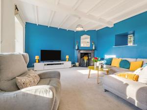 a blue living room with two couches and a tv at Shawdon Hill Cottage in Glanton