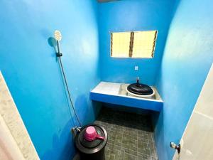 a blue bathroom with a sink and a toilet at Villagracia Homestay in Mambajao