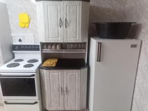 a kitchen with a white refrigerator and a stove at Sunflower Guesthouse in Ventersburg