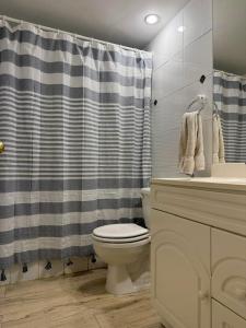 MAITENCILLO VISTA BOSQUE y MAR في مايتنسيلو: حمام مع مرحاض وستارة دش