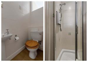 a bathroom with a toilet and a shower and a sink at Marina Cottage - Waterside Views Kingswear in Kingswear +29 photos