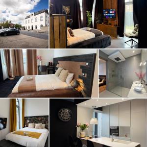a collage of photos of a bedroom with a bed and a living room at White Castle - Charleroi Airport in Charleroi