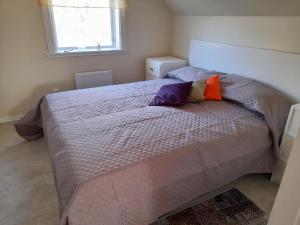 Un dormitorio con una cama grande con almohadas de colores. en Cozy country cottage in scenic location near Monsteras, en Alebo