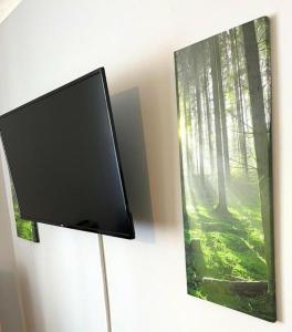 a tv on a wall with a picture of a forest at Near the Beach 3Bedroom Apartment WIFI Modern & Spacious Sleeps 6 in Hawthorn