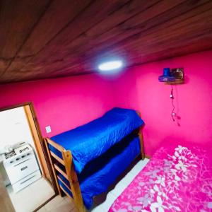 a bedroom with a blue bed and pink walls at Complejo Corrientes Dpto 3 in Jesús María