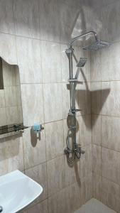 a shower with a shower head and a sink at واجهةالشرقيةللضيافةالخاصة in Al Khobar +32 photos