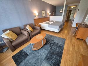 ein Wohnzimmer mit einem Bett und einer Couch in der Unterkunft Apartamentos Ikaalisten Kylpylä Terme JPLomat in Ikaalinen