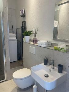 une salle de bain avec toilettes, lavabo et miroir dans l'établissement SUITE Quattro Ducati, à Kirchheim unter Teck 7 autres photos