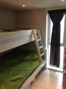 a bunk bed in a room with a window at Tromsø idyllic cabin in Tromsø