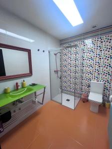 a bathroom with a shower and a sink and a toilet at El RINCONCITO in Mahora