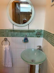 a bathroom with a green sink and a mirror at Crow Cottage in Briston