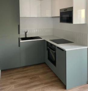 Una cocina con gabinetes blancos y un horno de estufa. en Appartement Parking Metro, en Caluire-et-Cuire