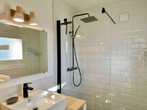 un baño con ducha y lavabo en Appartement Parking Metro, en Caluire-et-Cuire