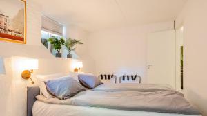 een witte slaapkamer met een groot bed met kussens bij Just steps behind the Royal Palace in Oslo +6 foto's