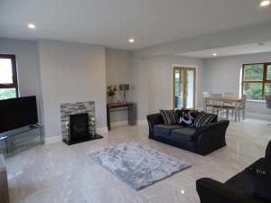 a living room with a couch and a fireplace at Forrest view in Dunfanaghy