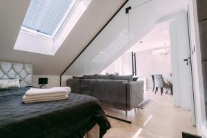 ノヴィ・ソンチにあるSILVER PTAK Apartmentのベッドとソファのある寝室