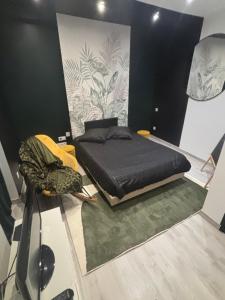 a bedroom with a black bed and a green rug at La bohème C.A in Dijon