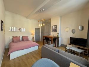 a bedroom with a bed and a living room at Studio Papillon en plein cœur de ville in Saint-Omer