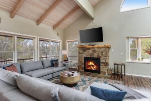 a living room with a couch and a fireplace at Sleeps 30, Riverfront, HotTub, PoolTable, DiscGolf in Three Rivers