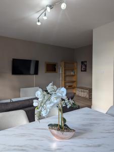 a vase of flowers on a table in a living room at City Centre A Apartment, 2nd Floor in Belfast