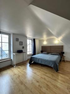 a bedroom with a bed and two windows at Le Cathédrale - T3 en plein centre-ville de Rodez in Rodez