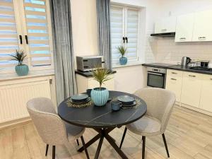 a kitchen with a black table and chairs in a room at Apartament Bracka 23 in Żywiec