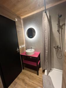 a small bathroom with a sink and a shower at Appartement au centre des Carroz in Arâches-la-Frasse