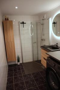 モルデにあるApartment in Moldeのバスルーム(シャワー、シンク、洗濯機付) +4枚の写真