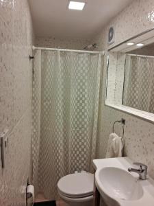 a bathroom with a shower and a toilet and a sink at Torre Esmeralda 740 in Buenos Aires +89 photos
